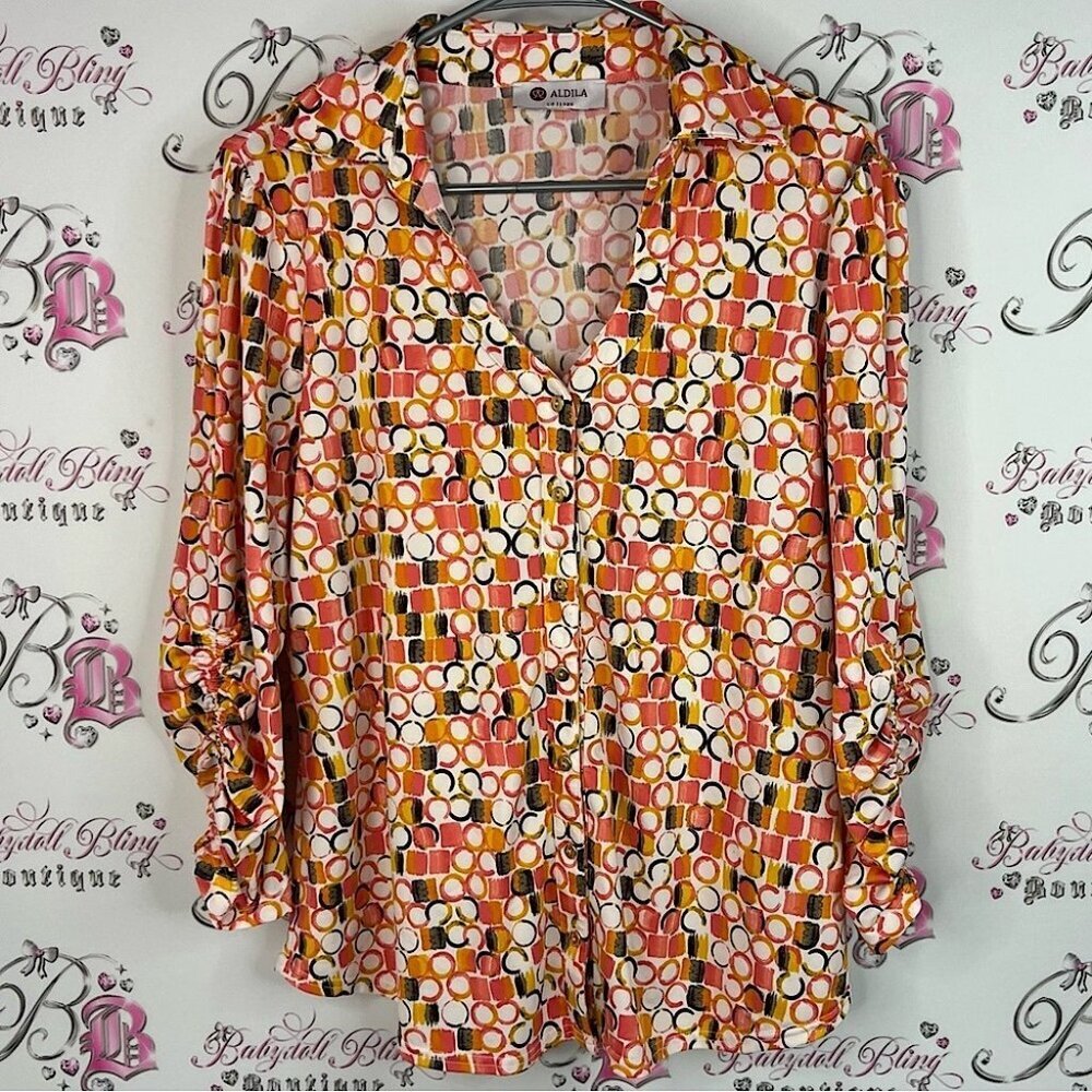 Aldila button up blouse dotted circles Multicolor Geometric Women's Blouse